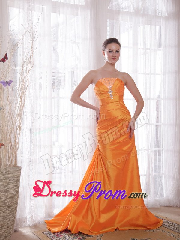 Brand New Column Lace-Up Beaded Orange Strapless Prom Dress