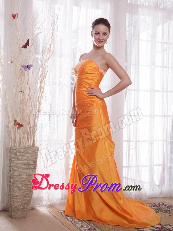 Brand New Column Lace-Up Beaded Orange Strapless Prom Dress
