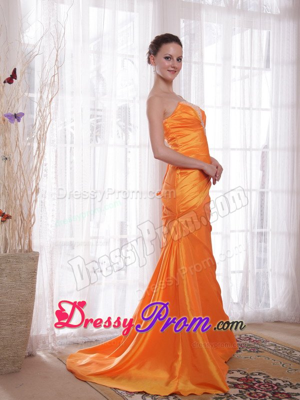 Brand New Column Lace-Up Beaded Orange Strapless Prom Dress