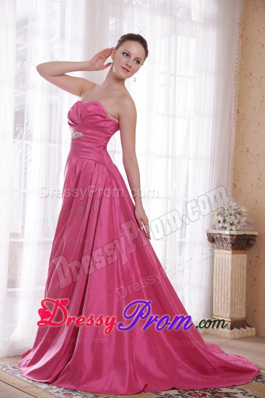 Beading and Ruches Accent Brush Prom Celebrity Dress in Rose Pink
