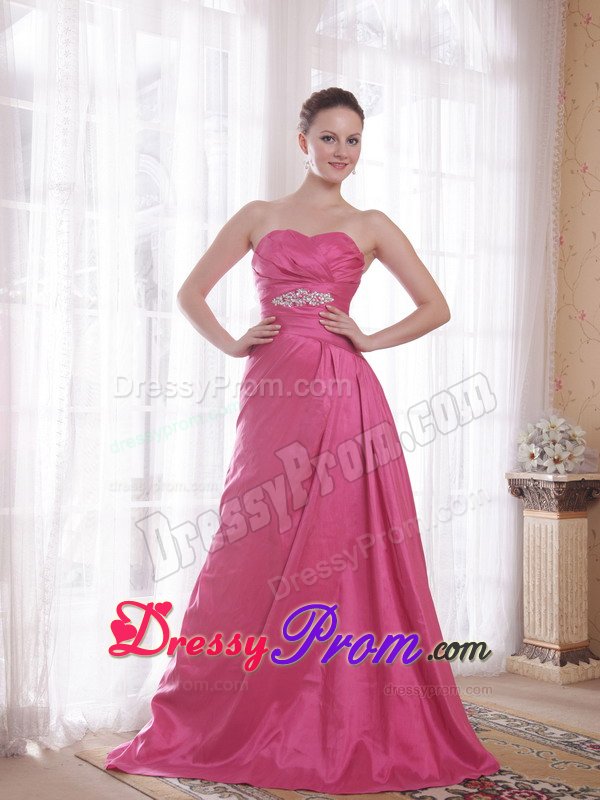 Beading and Ruches Accent Brush Prom Celebrity Dress in Rose Pink