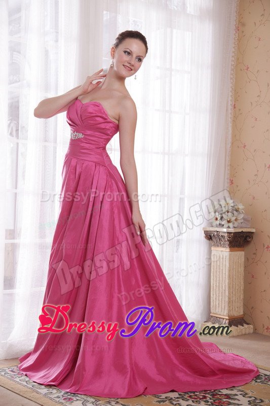 Beading and Ruches Accent Brush Prom Celebrity Dress in Rose Pink