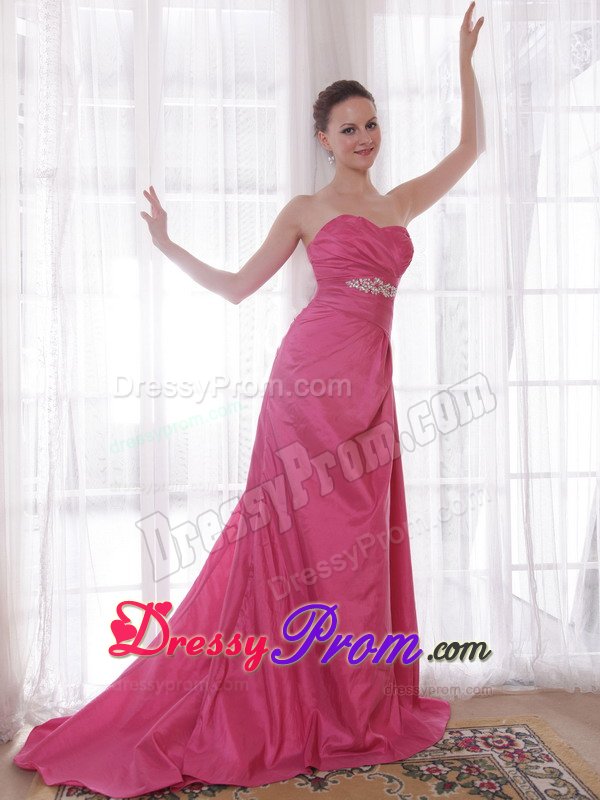 Beading and Ruches Accent Brush Prom Celebrity Dress in Rose Pink