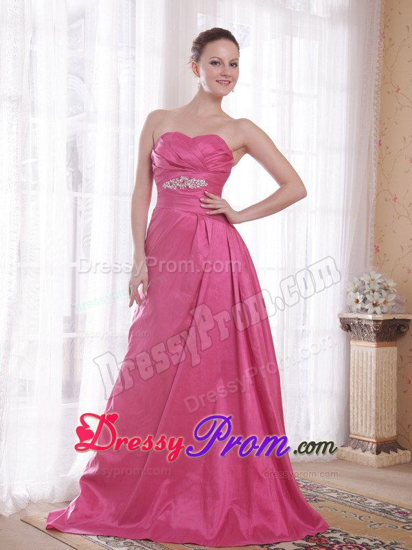 Beading and Ruches Accent Brush Prom Celebrity Dress in Rose Pink