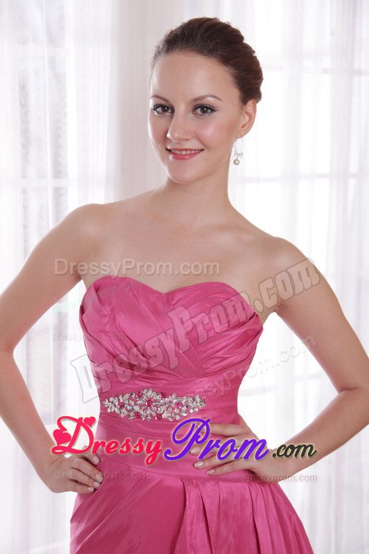 Beading and Ruches Accent Brush Prom Celebrity Dress in Rose Pink