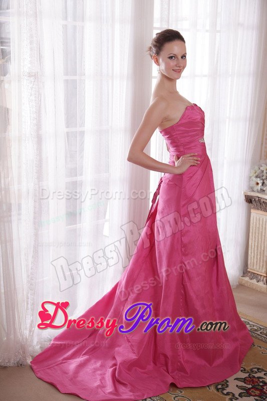 Beading and Ruches Accent Brush Prom Celebrity Dress in Rose Pink