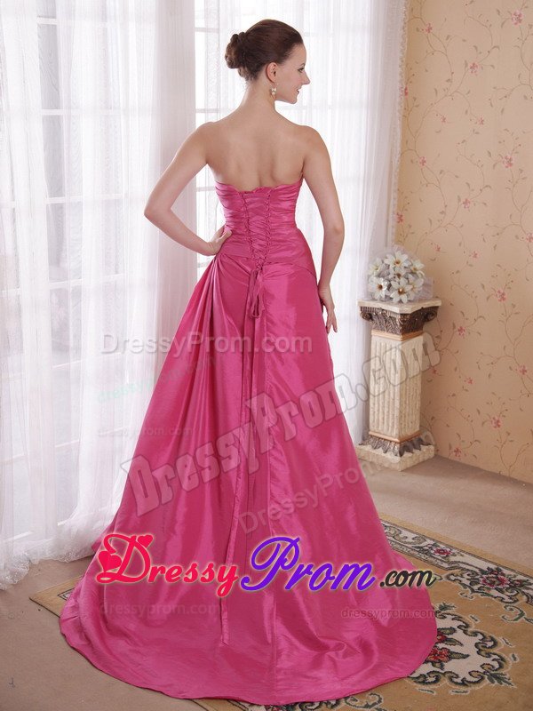 Beading and Ruches Accent Brush Prom Celebrity Dress in Rose Pink