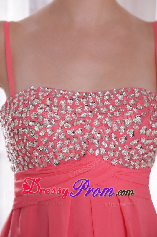 Beaded Watermelon Prom Celebrity Dresses with Spaghetti Straps