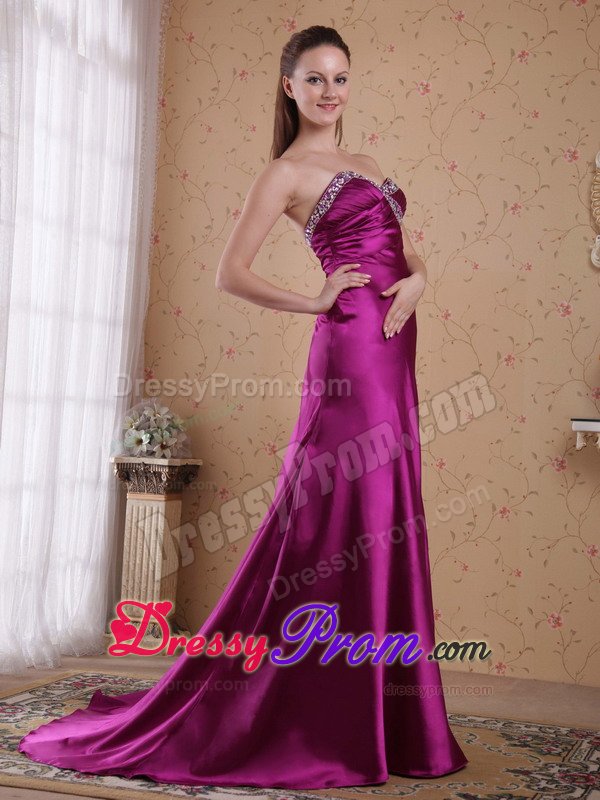 Beaded and Ruched Fuchsia Prom Celebrity Dress with Brush Train