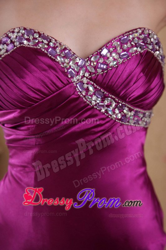 Beaded and Ruched Fuchsia Prom Celebrity Dress with Brush Train