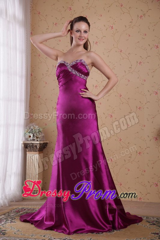 Beaded and Ruched Fuchsia Prom Celebrity Dress with Brush Train