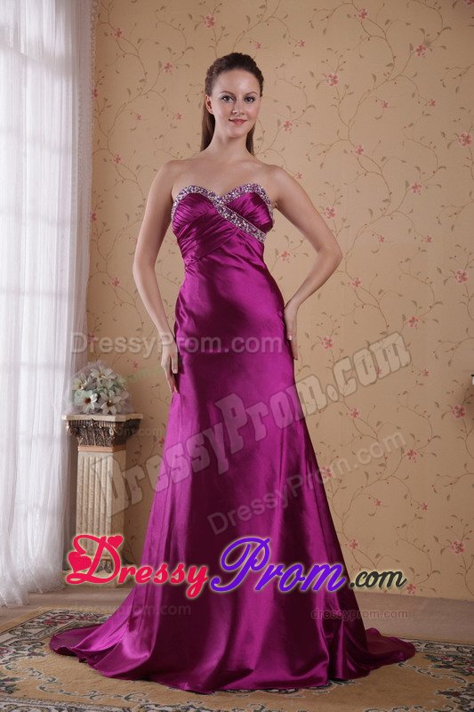 Beaded and Ruched Fuchsia Prom Celebrity Dress with Brush Train