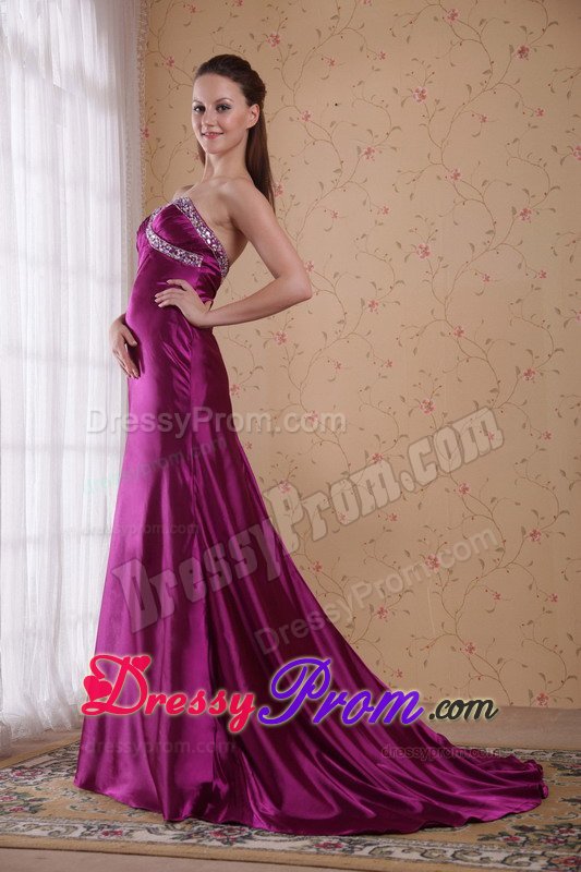 Beaded and Ruched Fuchsia Prom Celebrity Dress with Brush Train