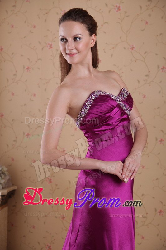 Beaded and Ruched Fuchsia Prom Celebrity Dress with Brush Train