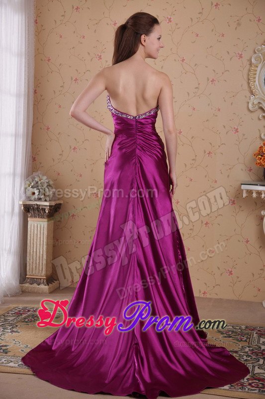 Beaded and Ruched Fuchsia Prom Celebrity Dress with Brush Train