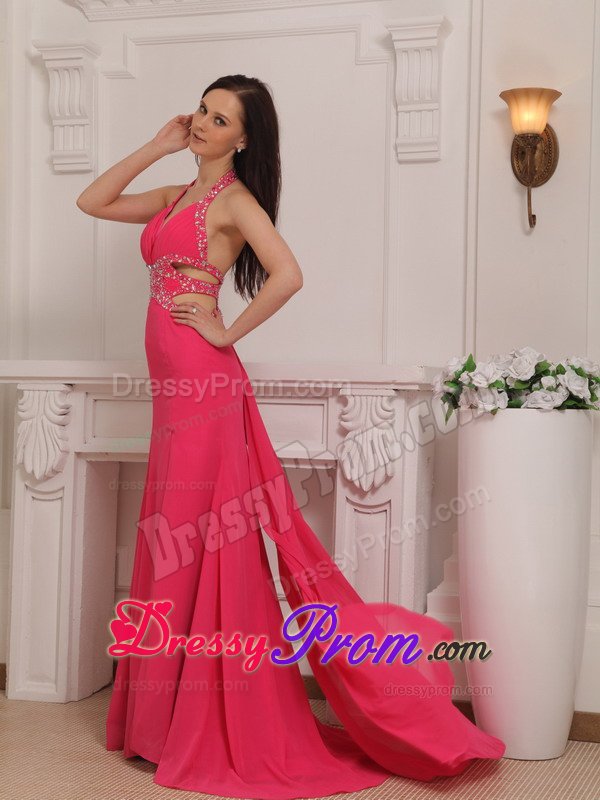 Halter Beaded Long Hot Pink Prom Dress with Cutouts On Waist