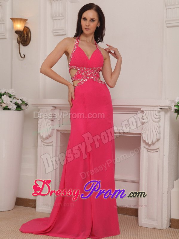 Halter Beaded Long Hot Pink Prom Dress with Cutouts On Waist
