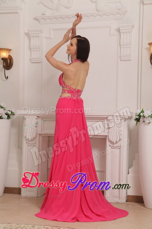 Halter Beaded Long Hot Pink Prom Dress with Cutouts On Waist