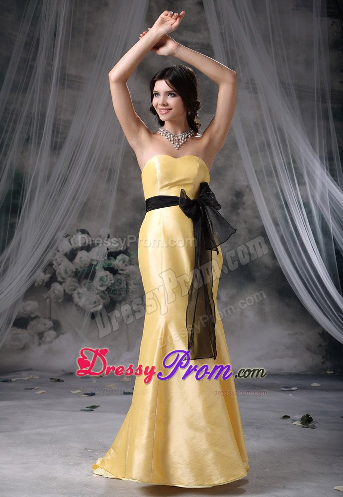 Yellow Mermaid Brush Train Prom Graduation Dress with Black Sash