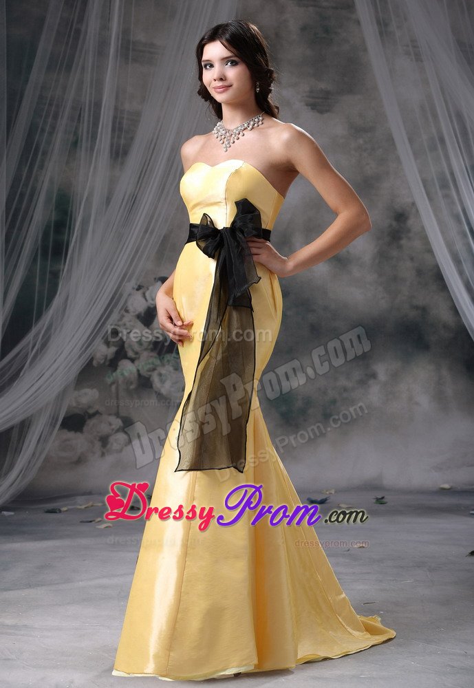 Yellow Mermaid Brush Train Prom Graduation Dress with Black Sash