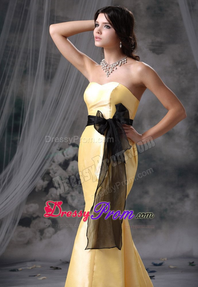 Yellow Mermaid Brush Train Prom Graduation Dress with Black Sash