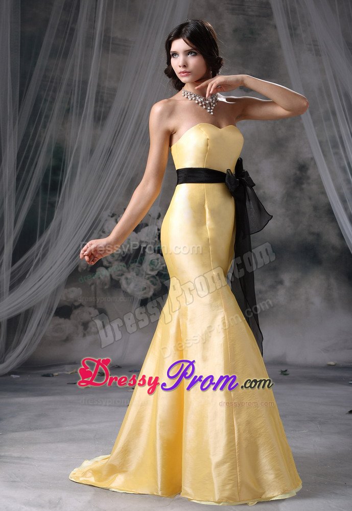 Yellow Mermaid Brush Train Prom Graduation Dress with Black Sash