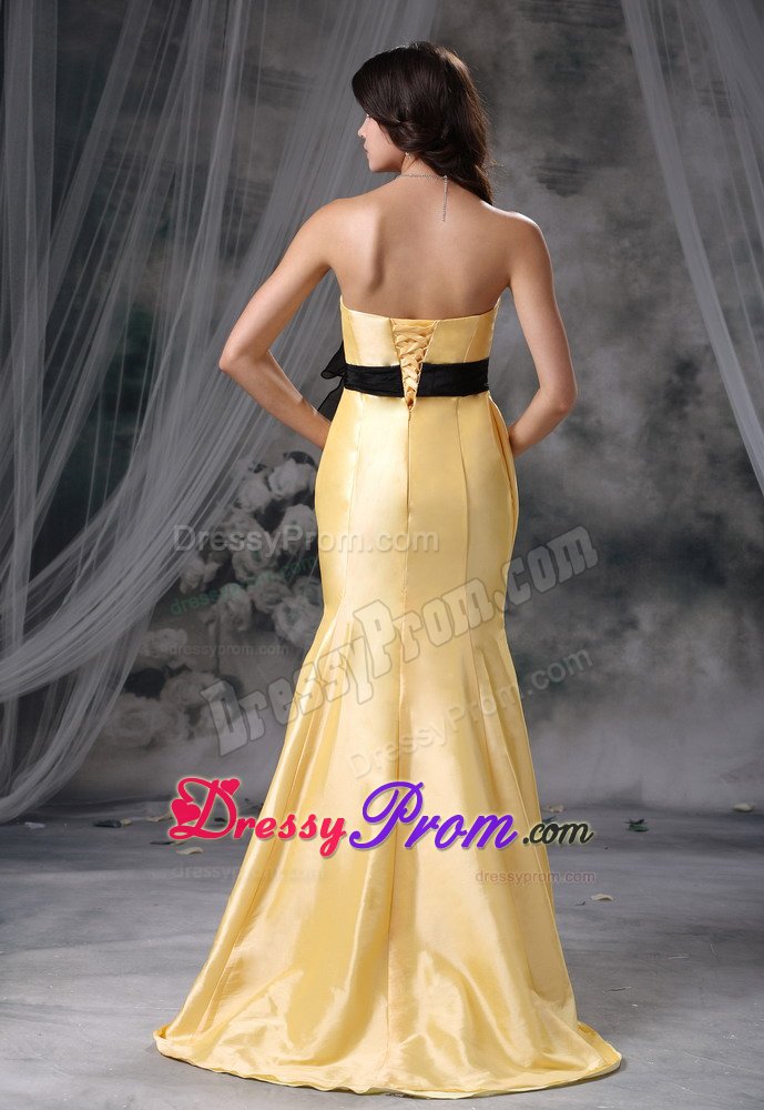 Yellow Mermaid Brush Train Prom Graduation Dress with Black Sash