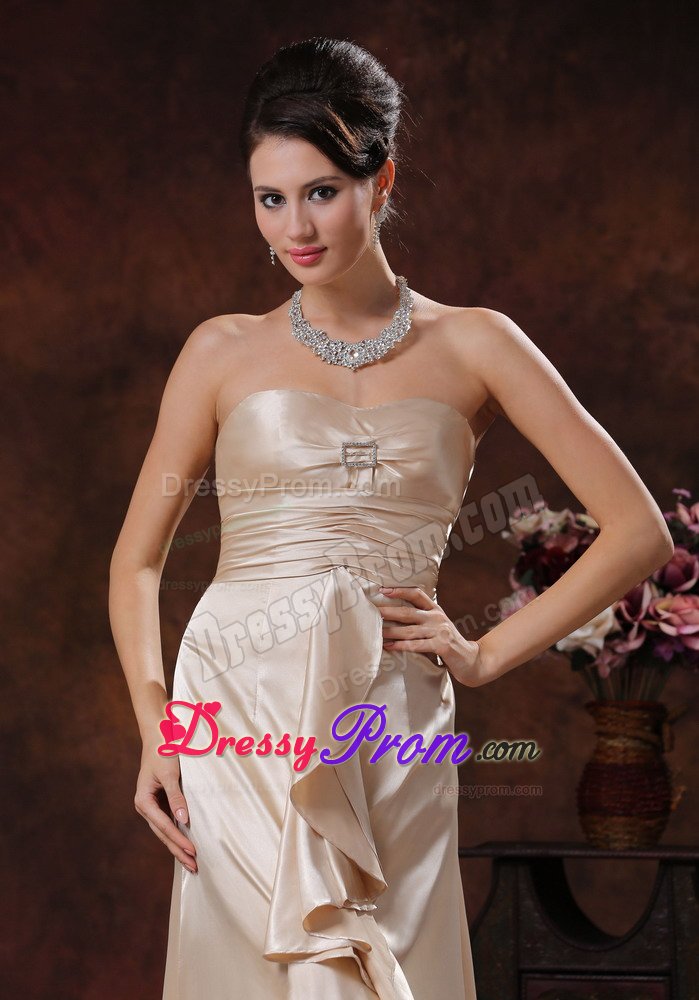 Ruffled and Ruched Champagne Prom Holiday Dress with Brush Train