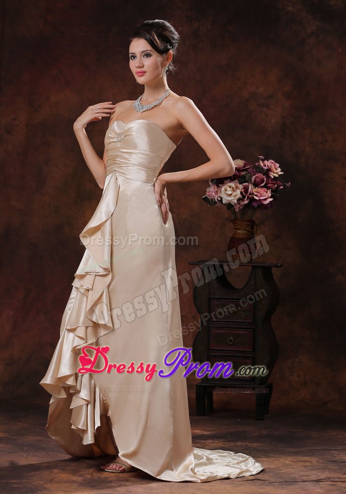 Ruffled and Ruched Champagne Prom Holiday Dress with Brush Train