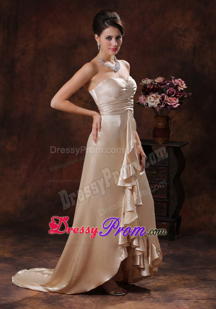 Ruffled and Ruched Champagne Prom Holiday Dress with Brush Train