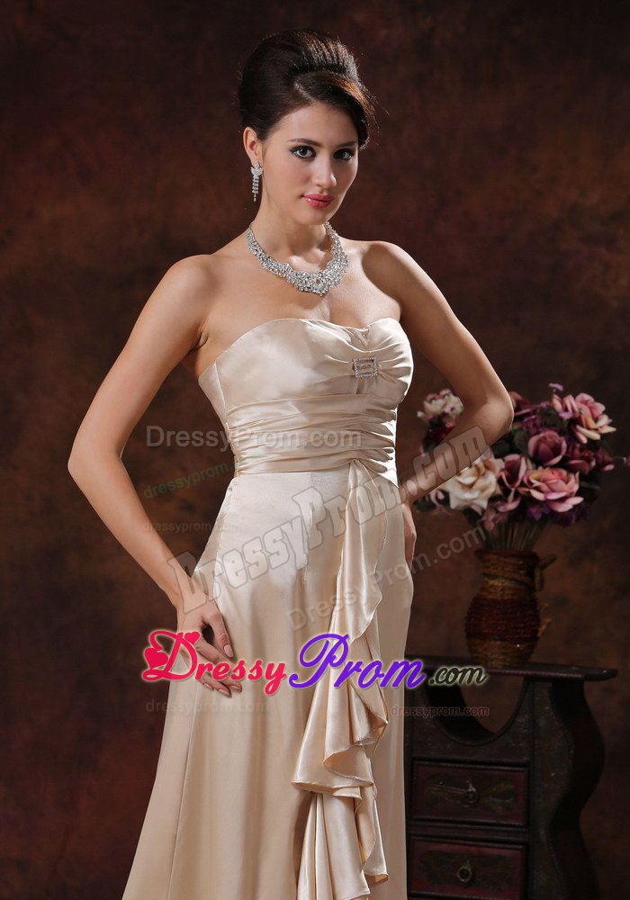 Ruffled and Ruched Champagne Prom Holiday Dress with Brush Train