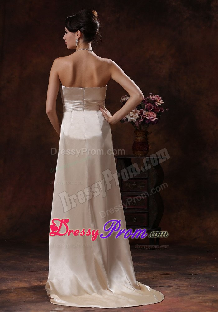 Ruffled and Ruched Champagne Prom Holiday Dress with Brush Train