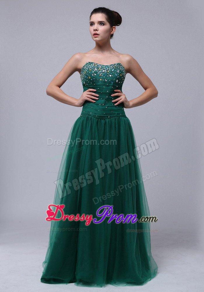 Beading Accent Tulle Floor Length Prom Holiday Dress in Dark Green