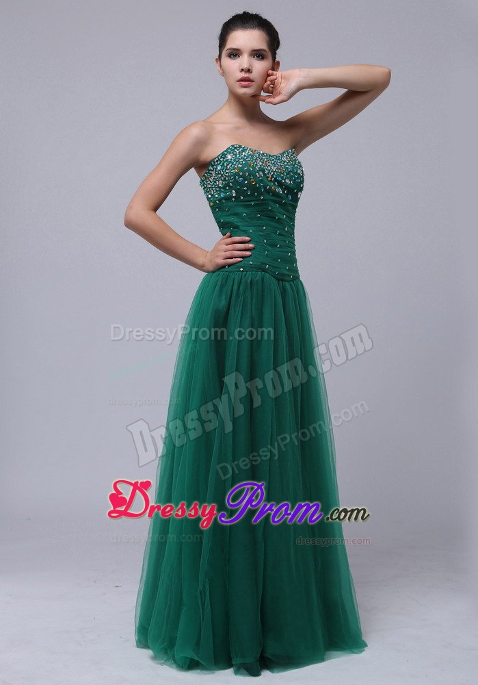 Beading Accent Tulle Floor Length Prom Holiday Dress in Dark Green