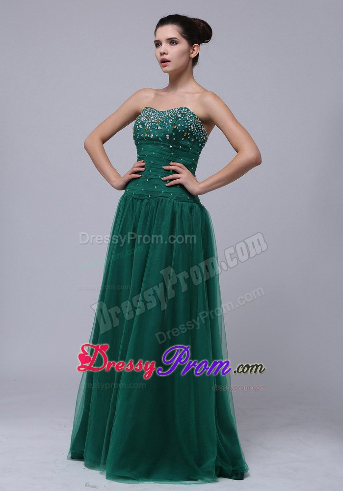 Beading Accent Tulle Floor Length Prom Holiday Dress in Dark Green