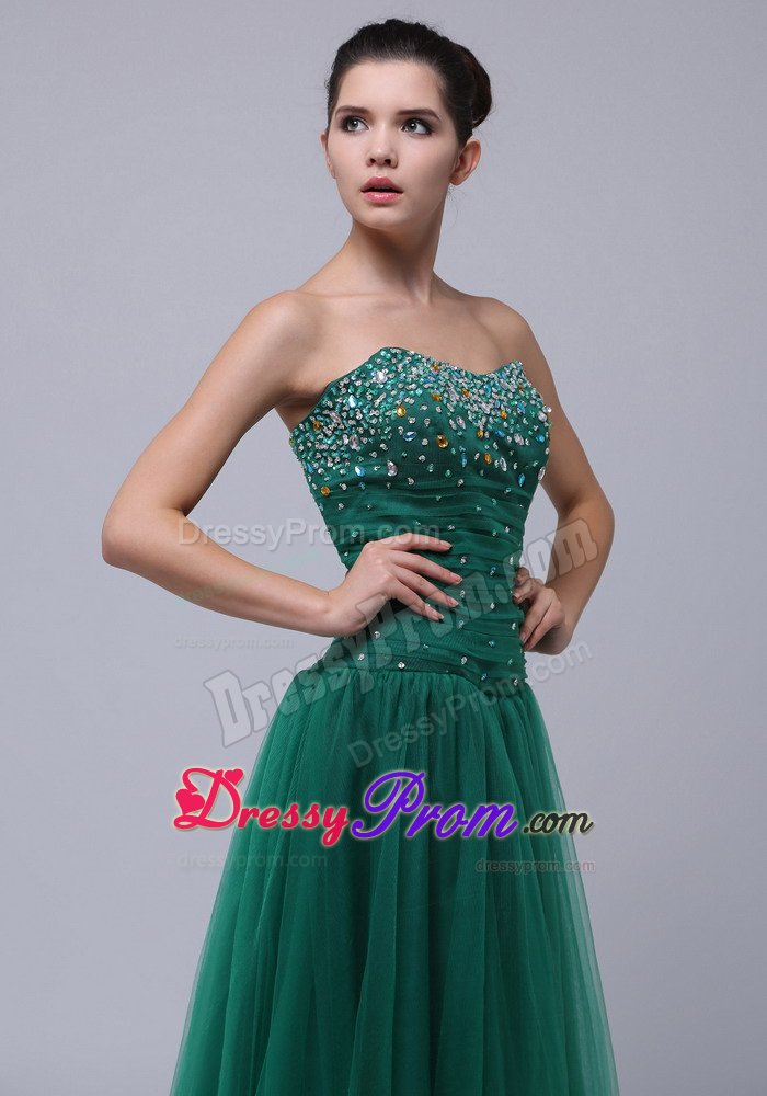 Beading Accent Tulle Floor Length Prom Holiday Dress in Dark Green
