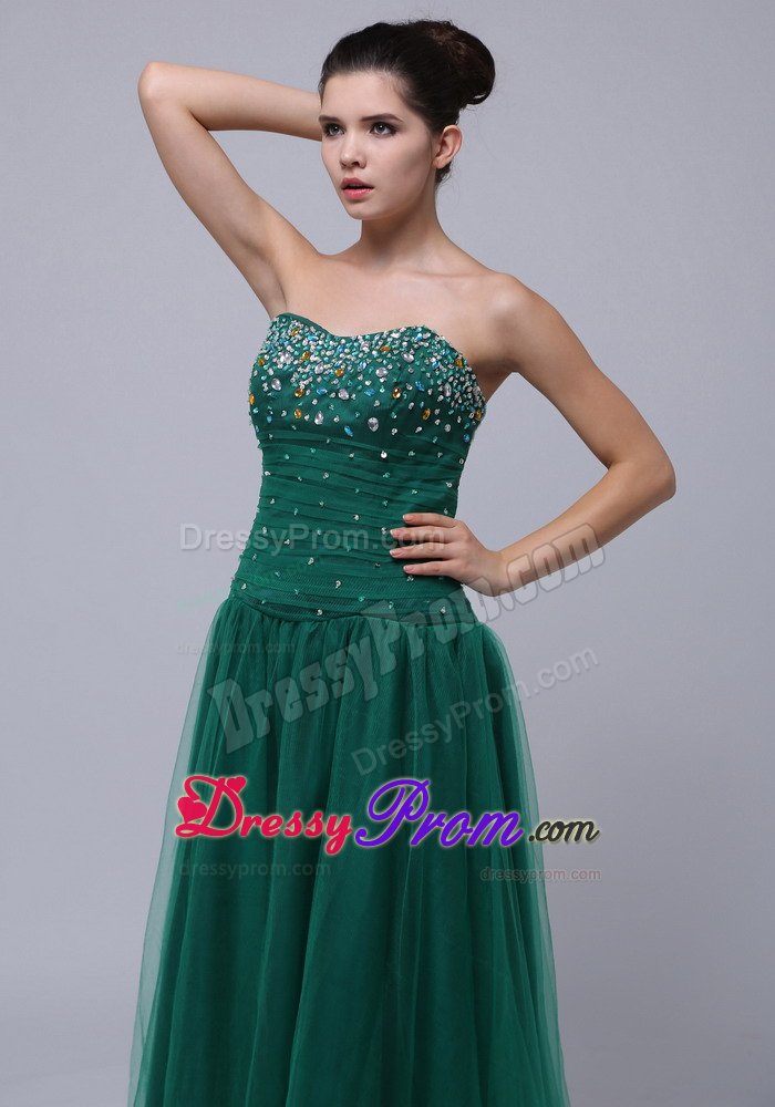 Beading Accent Tulle Floor Length Prom Holiday Dress in Dark Green