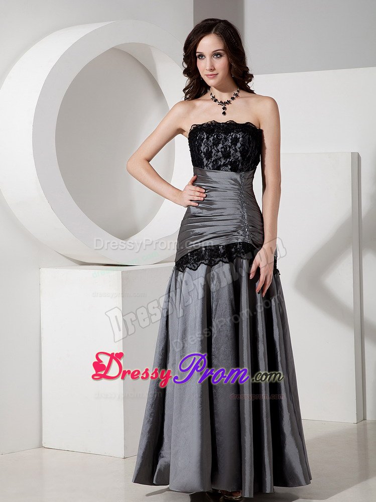 Gray Floor Length Prom Evening Dress with Lace and Beading Accent