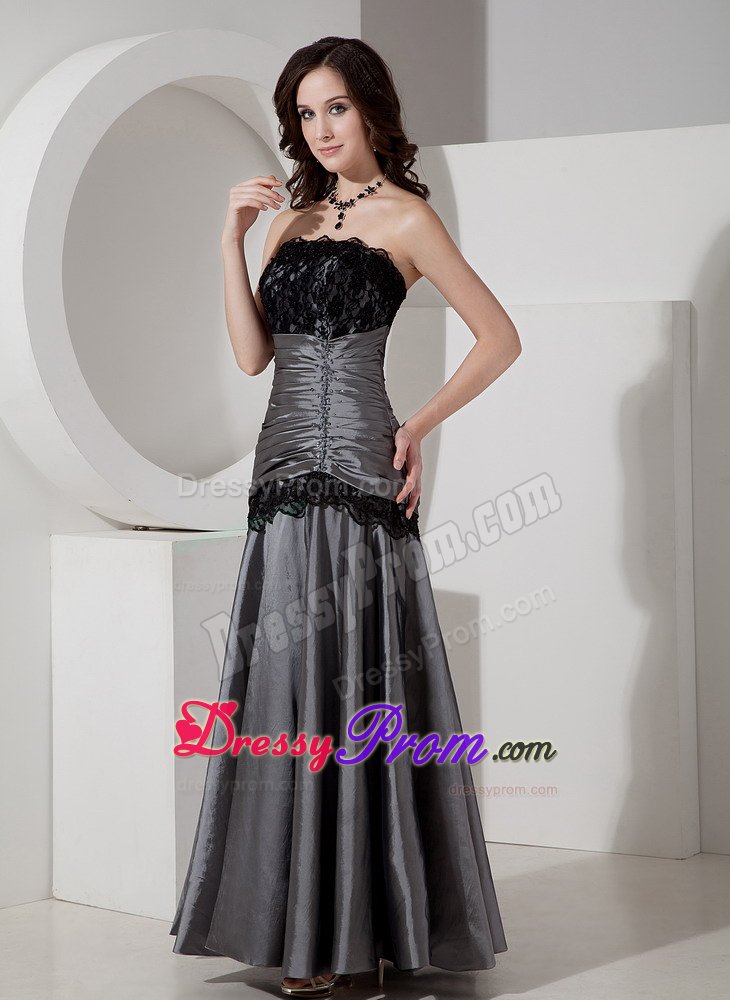 Gray Floor Length Prom Evening Dress with Lace and Beading Accent