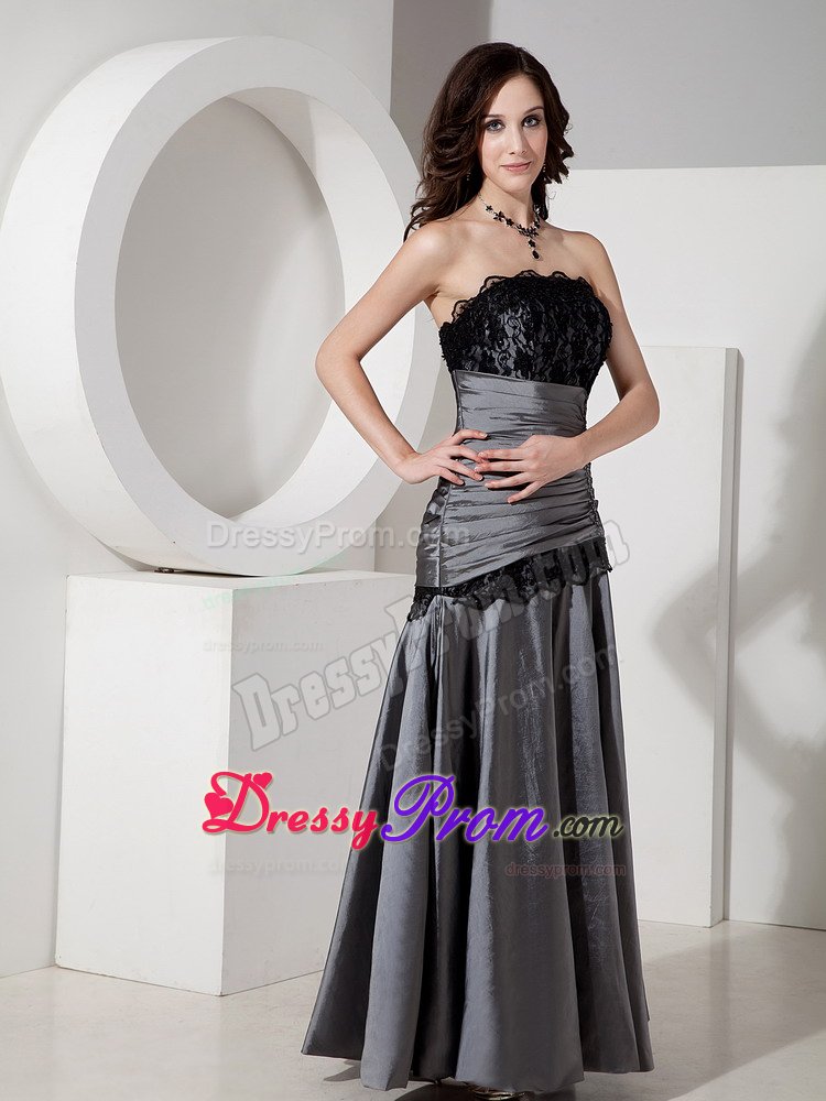 Gray Floor Length Prom Evening Dress with Lace and Beading Accent