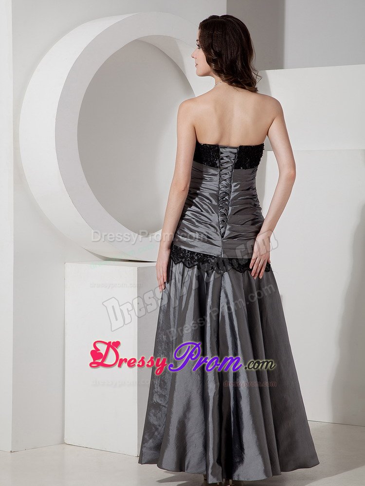 Gray Floor Length Prom Evening Dress with Lace and Beading Accent