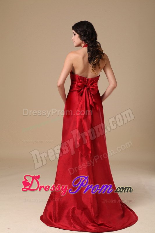 Halter Ruches Brush Train Prom Evening Dresses in Wine Red 2014