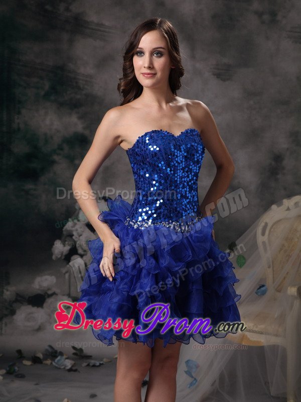 Sequined Bodice Ruffled Layers Prom Evening Dress in Royal Blue