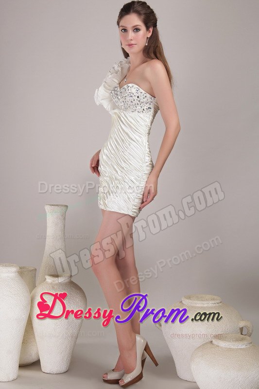 Flouncing One Shoulder White Prom Evening Dress with Beading Ruches