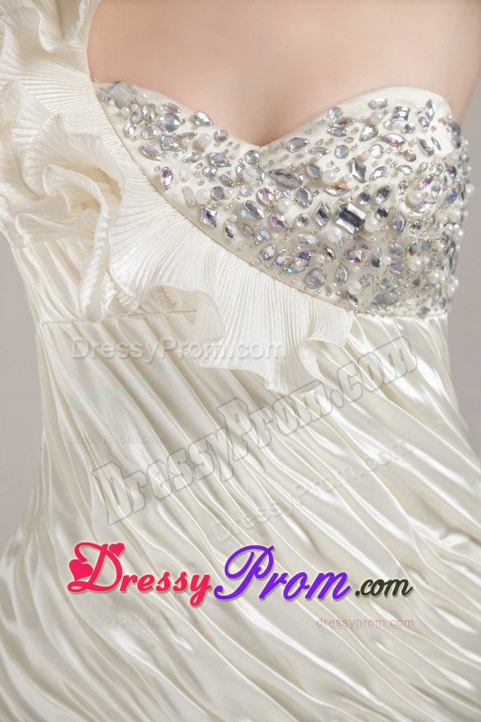 Flouncing One Shoulder White Prom Evening Dress with Beading Ruches
