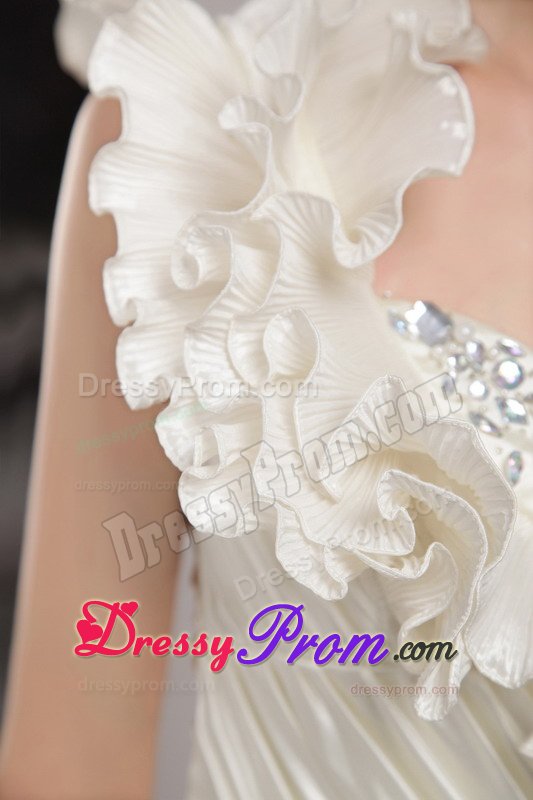 Flouncing One Shoulder White Prom Evening Dress with Beading Ruches