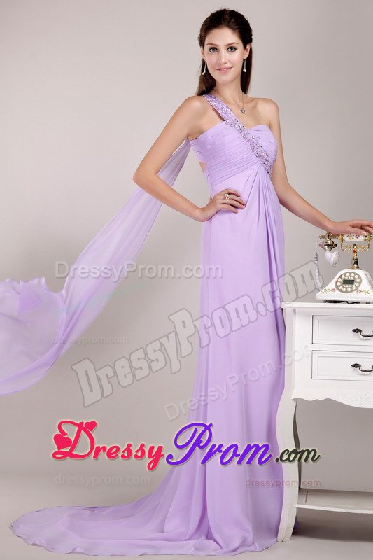 Beaded One Shoulder Lilac Prom Evening Dress with the Back Cut Out