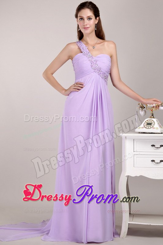 Beaded One Shoulder Lilac Prom Evening Dress with the Back Cut Out