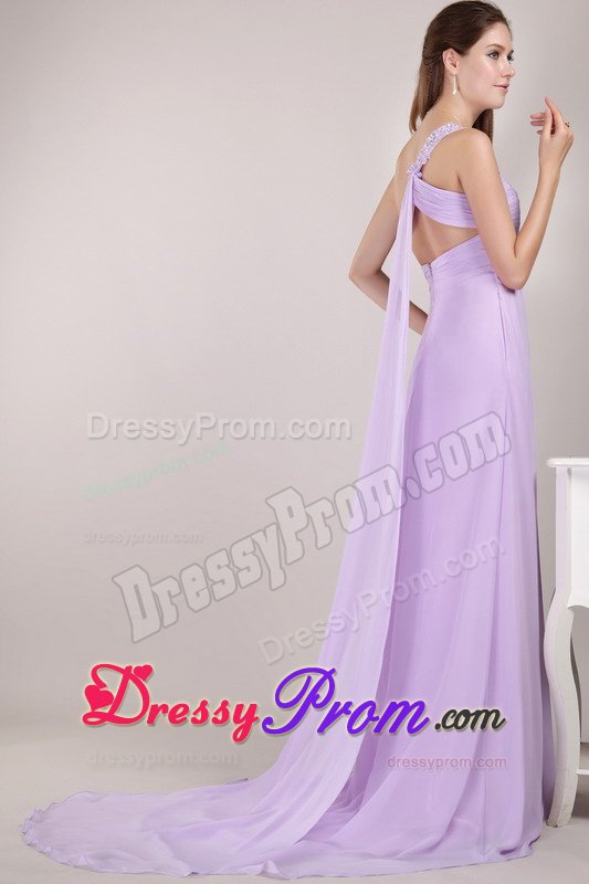 Beaded One Shoulder Lilac Prom Evening Dress with the Back Cut Out