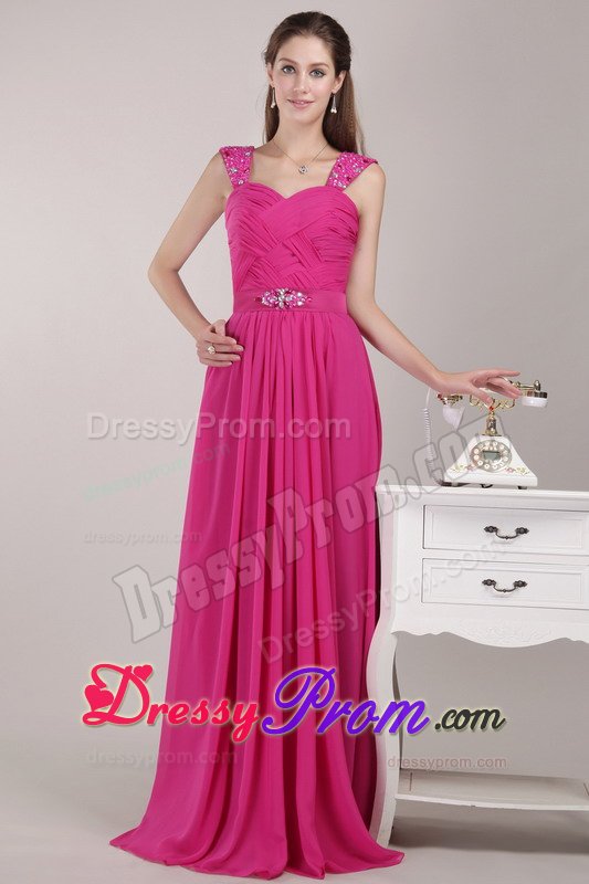 Beading and Ruches Accent Empire Chiffon Prom Gown Dress in Fuchsia
